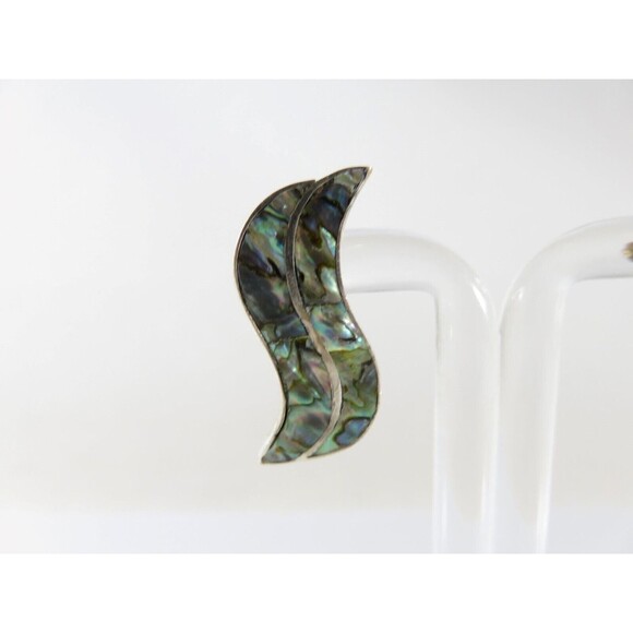 Vintage Modernist Wavy Abalone & Sterling G Taxco Mexico Silver Screw Back Earri - Picture 2 of 9